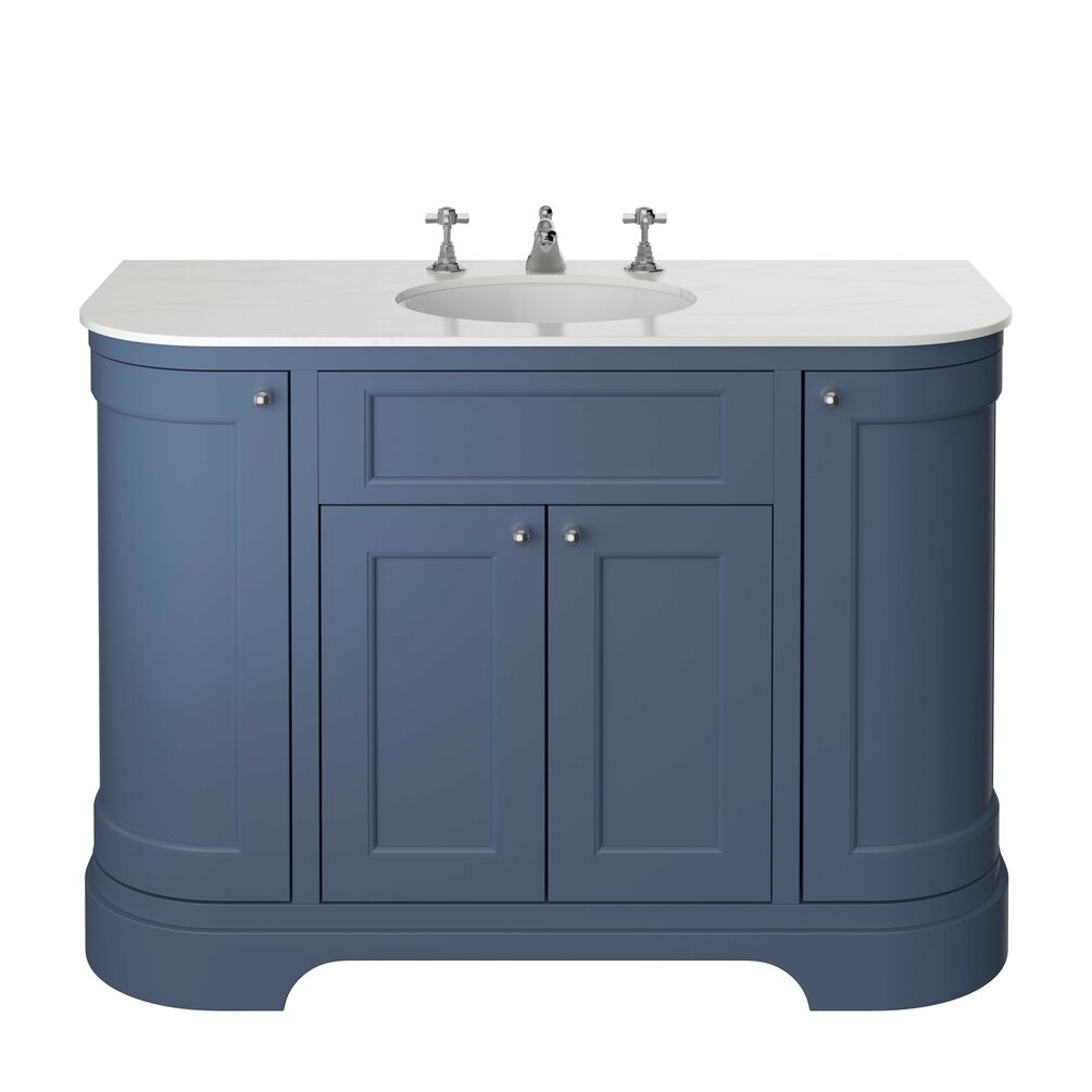 Cut out image of the Heritage Wilton 1200mm Maritime Blue Curved Vanity Unit with Worktop, Basin & Handles Pack
